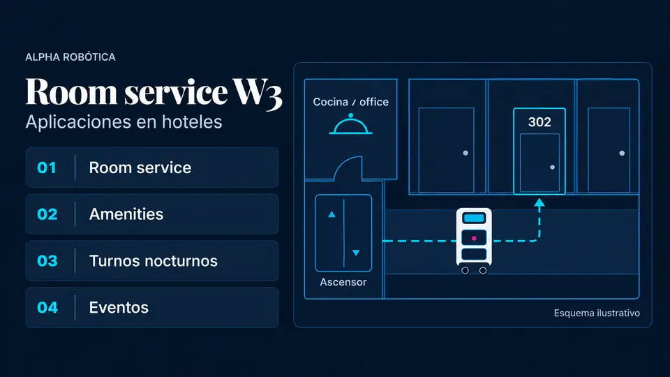 Esquema ilustrativo de entregas en un hotel: robot de room service, ascensor y habitación; cuatro aplicaciones del W3.